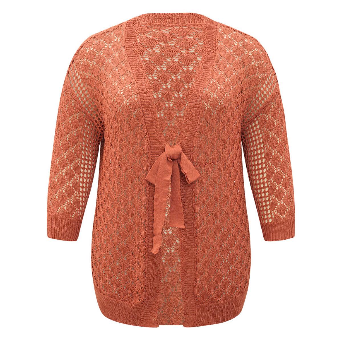 Plus Size Solid Hollow Out Ties Front Elastic Cuffs Cardigan Chocolate Women Casual Loose Elbow-length sleeve Dailywear Cardigans BloomChic 12/L Product Image