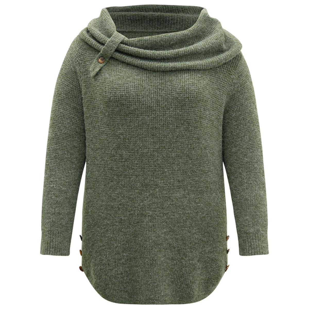 Plus Size Anti-Pilling Lapel Collar Adjustable Button Pullover Moss Women Casual Loose Long Sleeve Lapel Collar Dailywear Pullovers BloomChic 30/6X Product Image