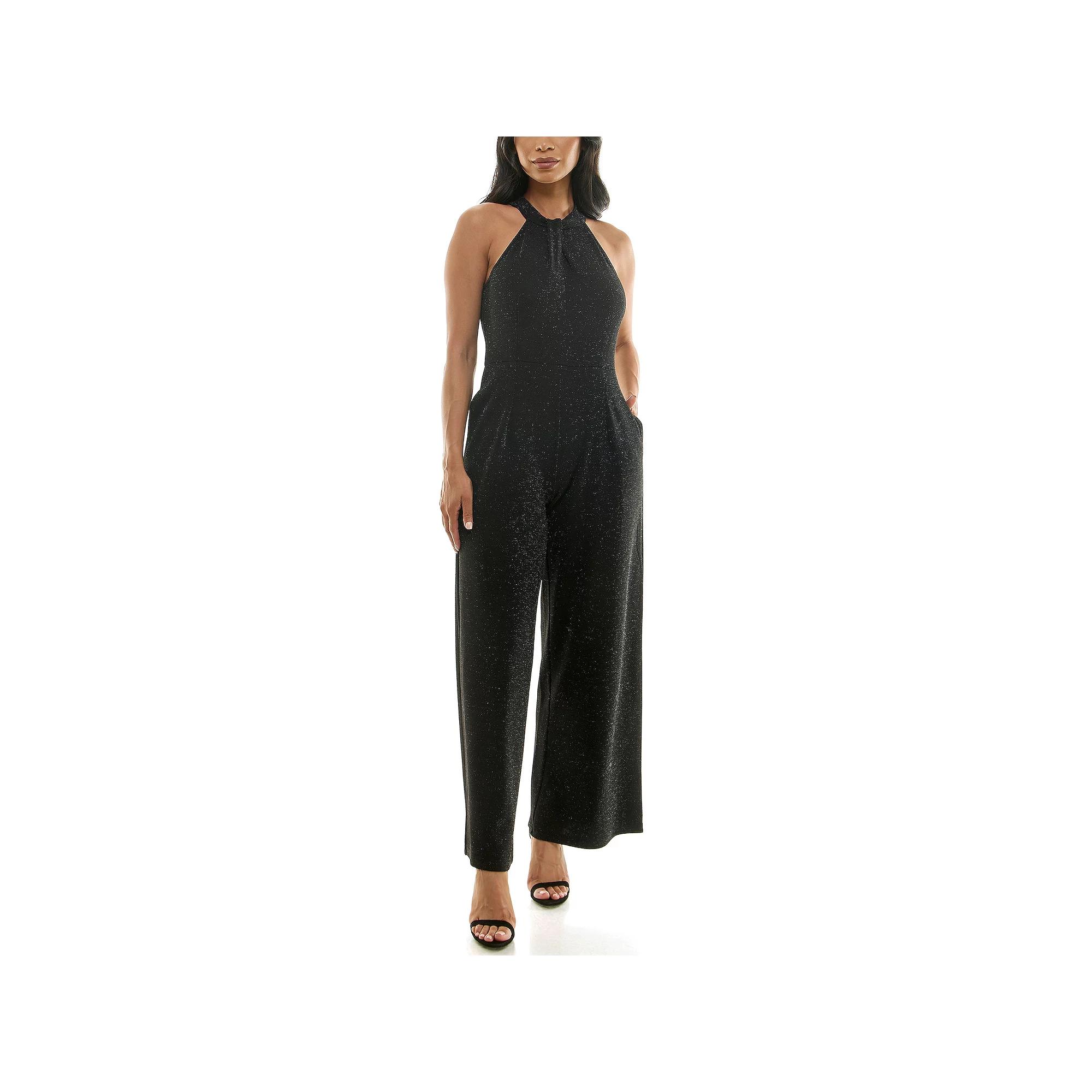 Women's Nina Leonard Glitter Twist Neck Jumpsuit, Size: Medium, Black Product Image