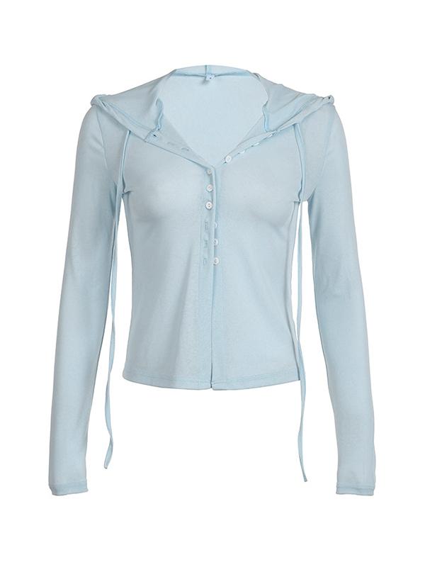 Light Blue Breasted Hooded Long Sleeve Knit Product Image