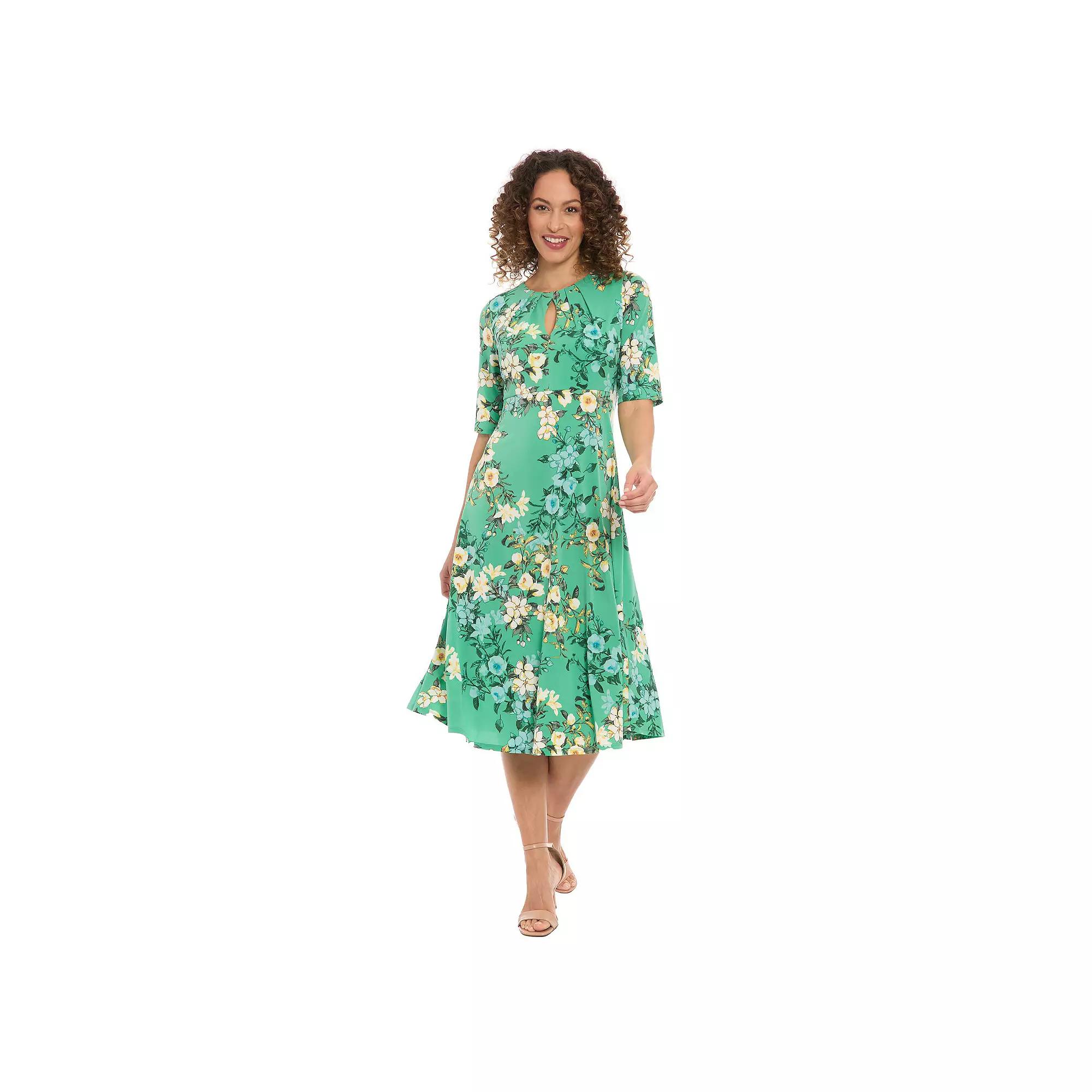 Women's London Times Floral Pleated Keyhole Neck Midi Dress,  Product Image
