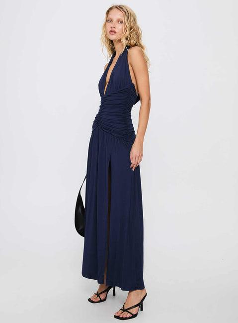 Diona Halter Ruched Maxi Dress Navy Product Image