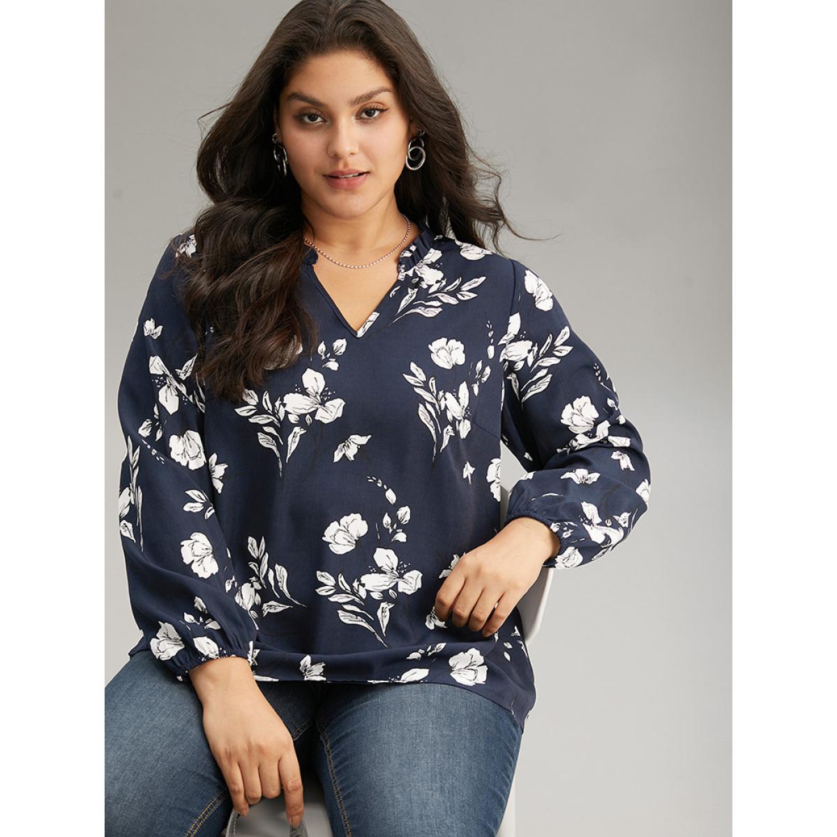 Plus Size Indigo Silhouette Floral Print Ruffles Lantern Sleeve Blouse Women Elegant Long Sleeve V-neck Vacation Blouses BloomChic 14-16/1X Product Image