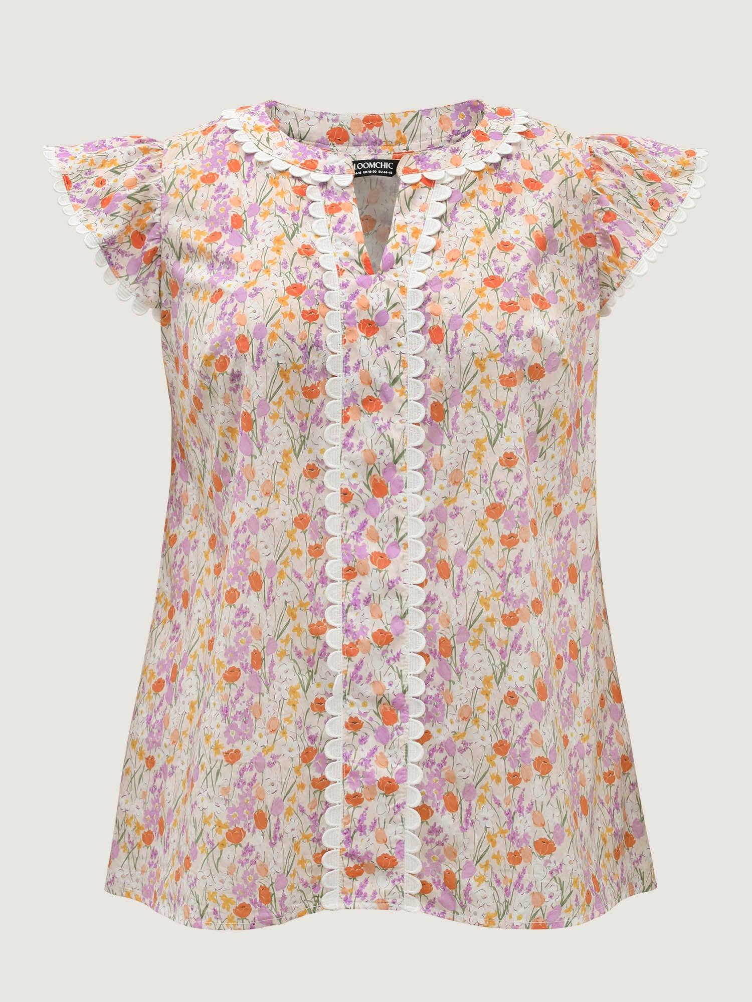 Cotton Floral Print Lace Trim Notched Blouse Female Product Image