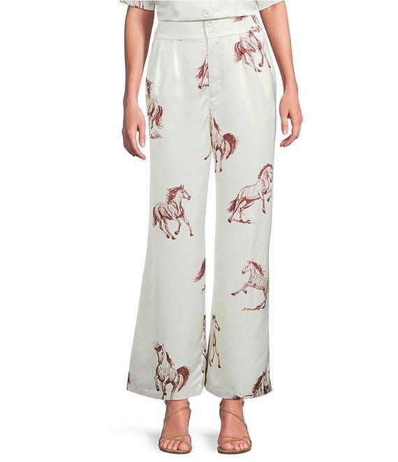 Le' AL.X Horse Print Satin High Waisted Pleated Front Wide Leg Coordinating Pants Product Image