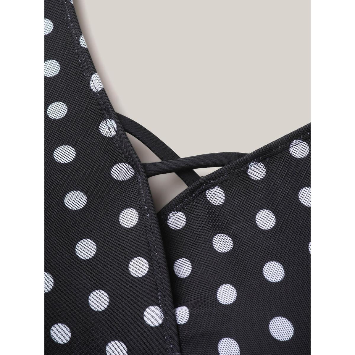 Plus Size Polka Dots Mesh Ruffled Swim Dress Women's Swimwear Black Beach Bodycon Overlap Collar High stretch Curve Swim Dresses BloomChic 12/L Product Image