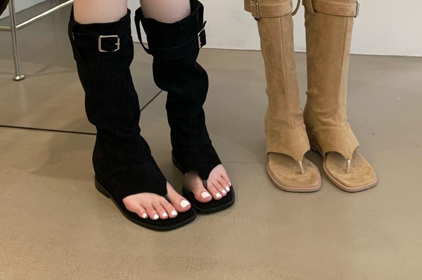 Block Heel Square Toe Plain Buckled Faux Suede Flip-Flops Mid-Calf Boots Product Image