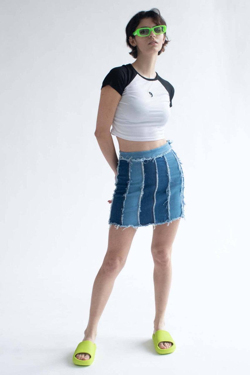 Patchwork Stripes Denim Skirt Product Image