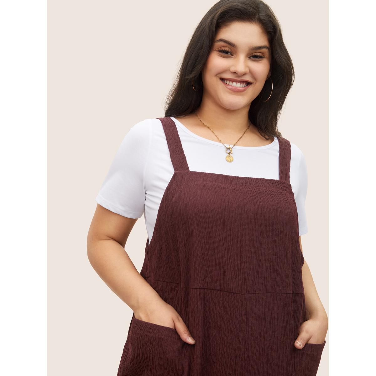 Plus Size Burgundy Plain Textured Patched Pocket Cami Jumpsuit Women Casual Sleeveless Non Everyday Loose Jumpsuits BloomChic 22-24/3X Product Image