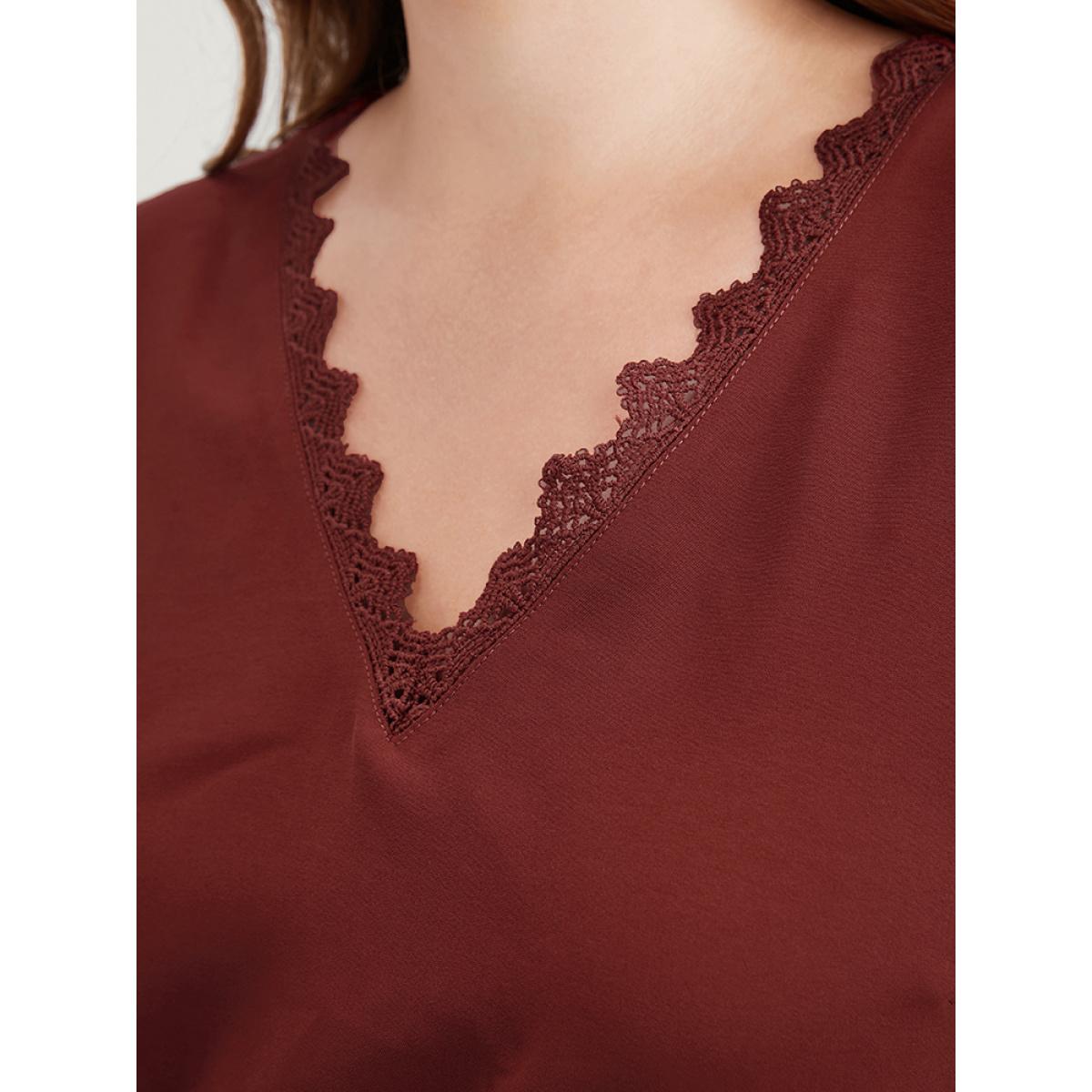 Plus Size Solid Pocket Lace Insert Lantern Sleeve Flutter Dress Scarlet Women Elegant V-neck Long Sleeve Curvy Midi Dress BloomChic 10/M Product Image