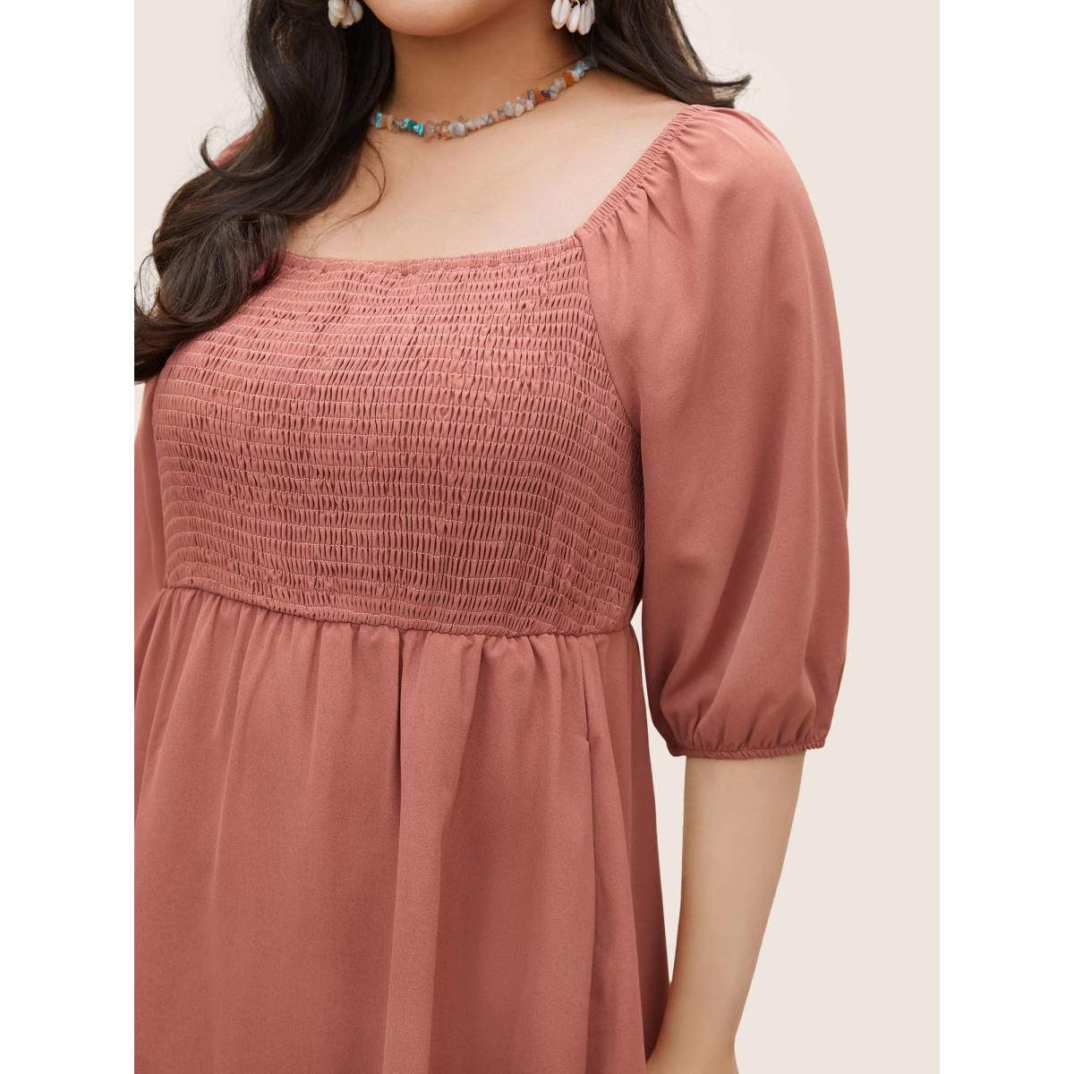 Plus Size Solid Square Neck Shirred Elastic Waist Cut Out Dress Rouge Women Resort Non Square Neck Elbow-length sleeve Curvy Midi Dress BloomChic 18-20/2X Product Image