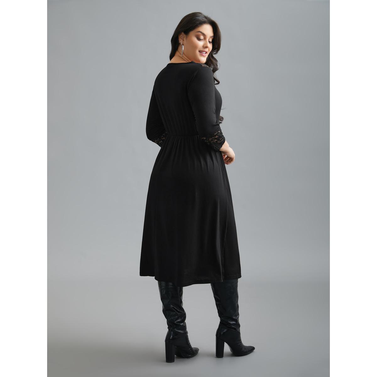 Plus Size Lace Trim Stitch Button Detail Dress Black Women Elegant Woven ribbon&lace trim Knit Dresses Bloomchic 12/L Product Image