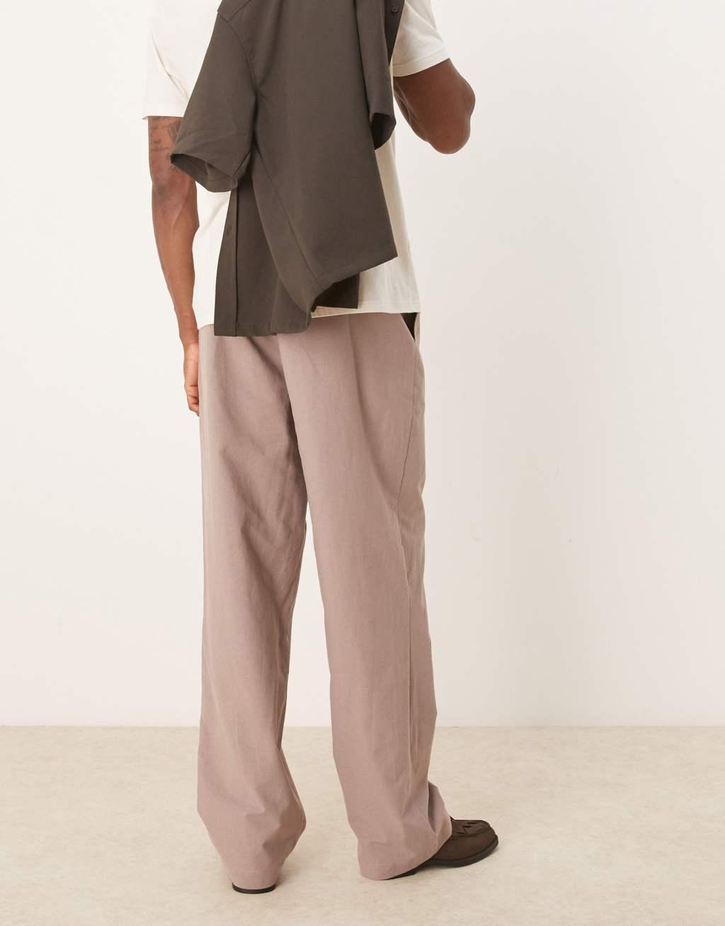 ASOS DESIGN baggy linen look pants in beige Product Image