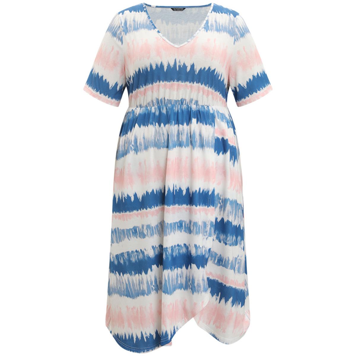 Plus Size Ombre Tie Dye Pocket Split Side Elastic Waist Dress Multicolor Women Casual Tie Dye V-neck Short sleeve Curvy Midi Dress BloomChic 22-24/3X Product Image
