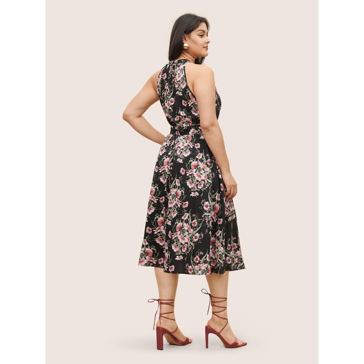 Plus Size Floral Print Halter Elastic Waist Belted Dress Black Women Elegant Non Halter neck Sleeveless Curvy Midi Dress BloomChic 18-20/2X Product Image
