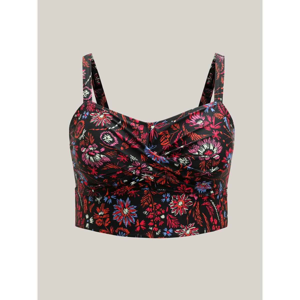 Plus Size Floral Print Twist Front Swim Top Women's Swimwear Black Resort Twist High stretch Skinny Heart neckline Curve Swim Tops BloomChic 28/5X Product Image