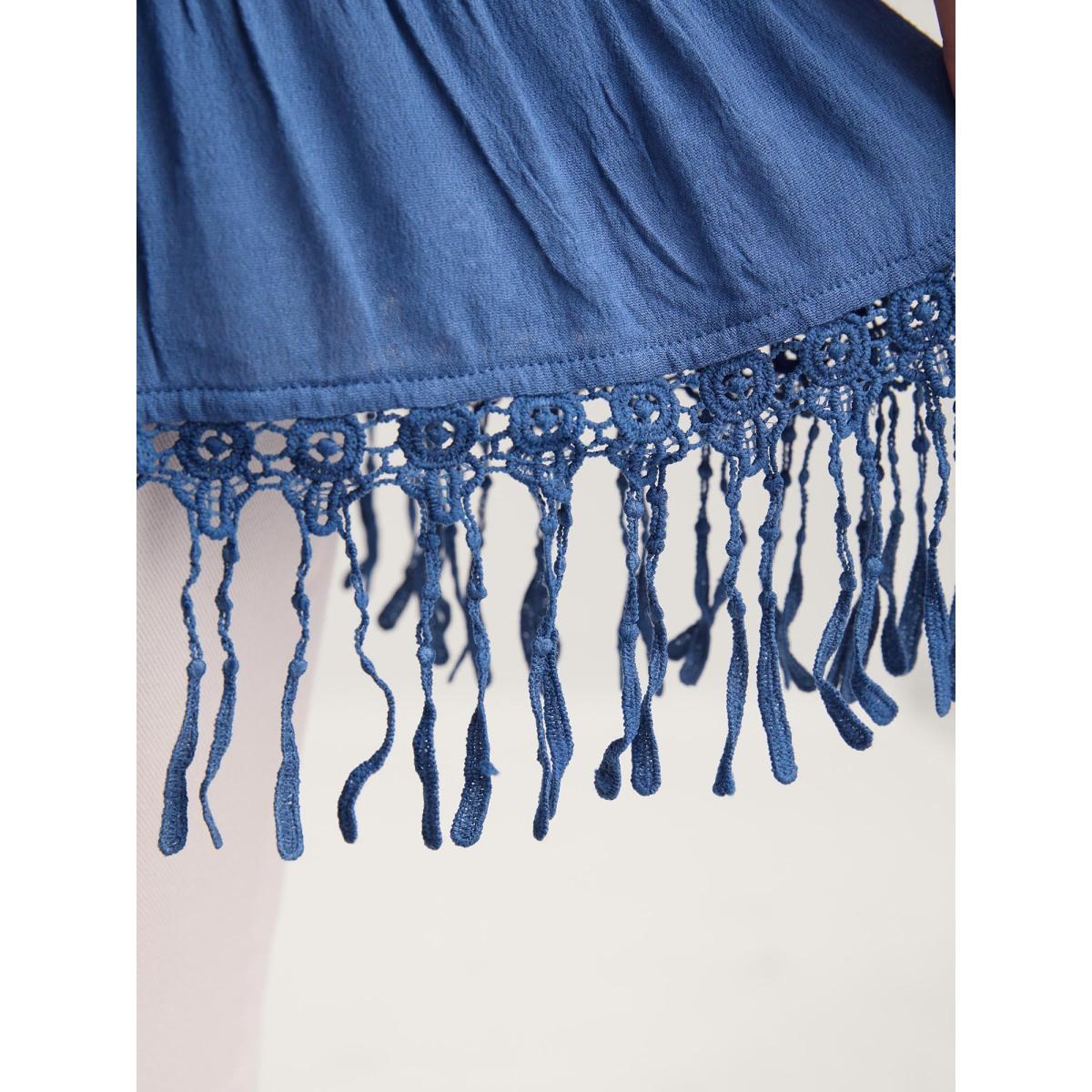 Plus Size Mediumblue Rayon Lace Trim Solid Relaxed Blouse Women Short sleeve Round Neck Everyday-Elegant Blouses BloomChic 30/6X Product Image