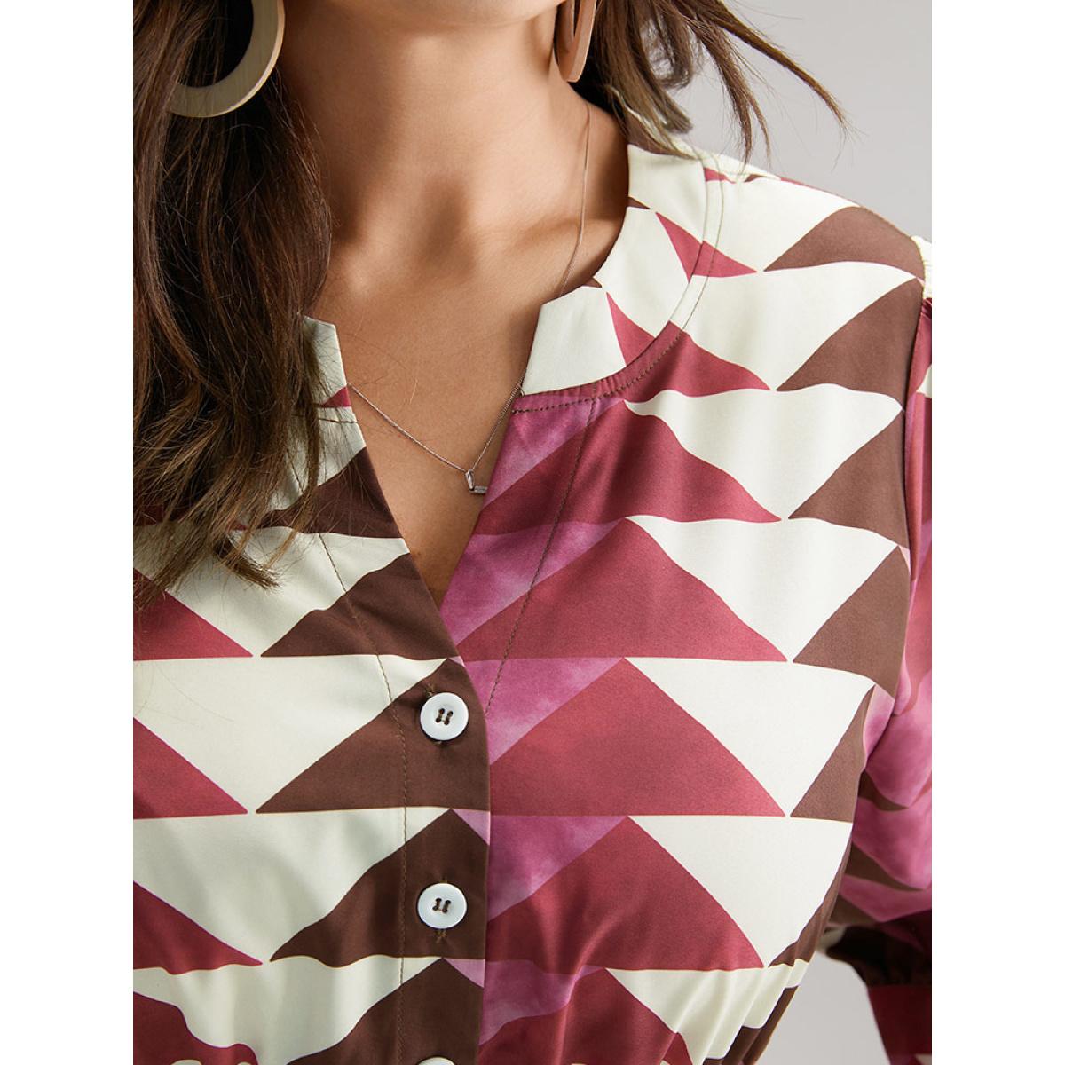 Plus Size Geometric Shirred Button Up Ruffle Hem Dress RedViolet Women Vacation Printed Notched collar Elbow-length sleeve Curvy Midi Dress BloomChic 28/5X Product Image