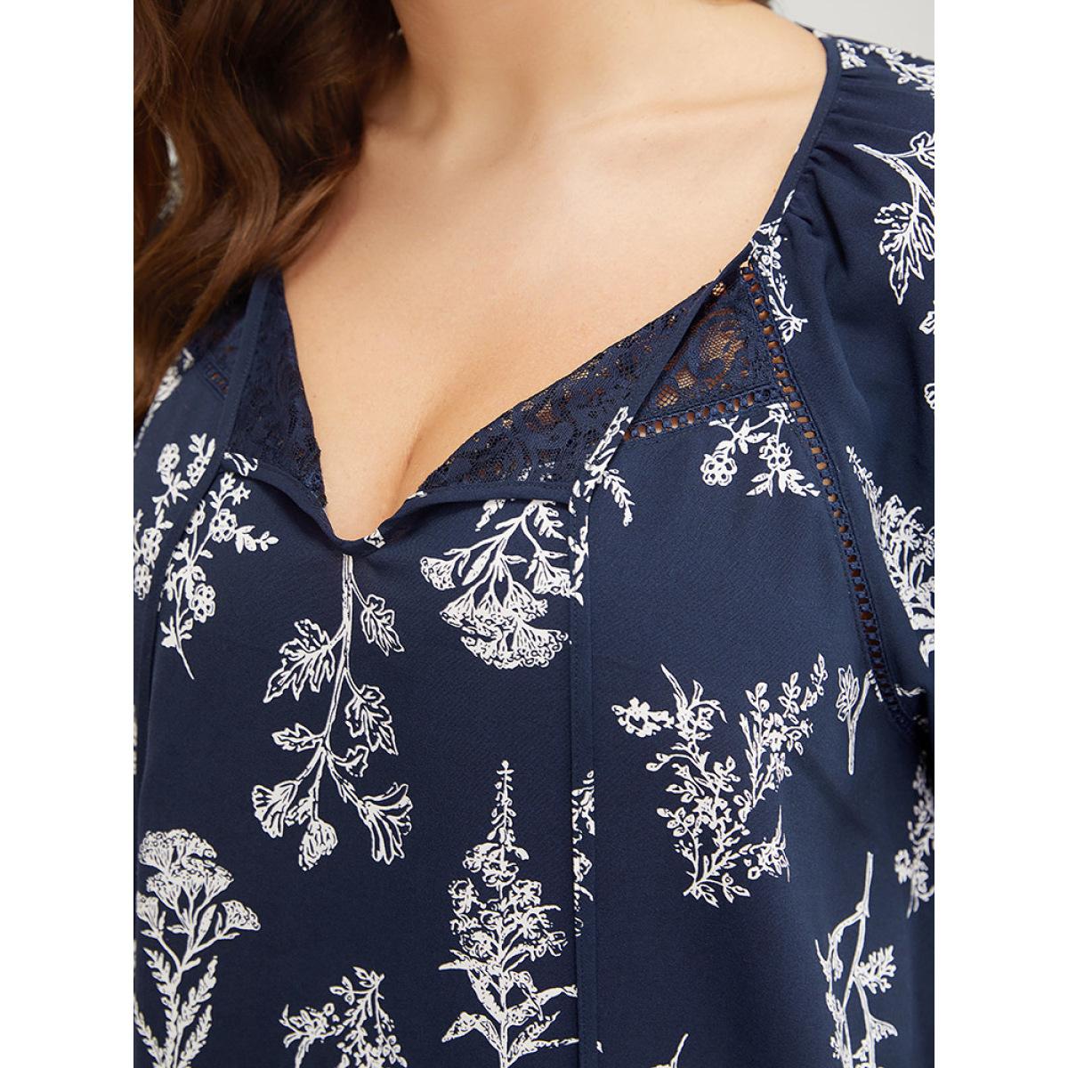 Plus Size Indigo Floral Tassels Tie Neck Contrast Lace Blouse Women Elegant Short sleeve Tie Neck Dailywear Blouses BloomChic 28/5X Product Image