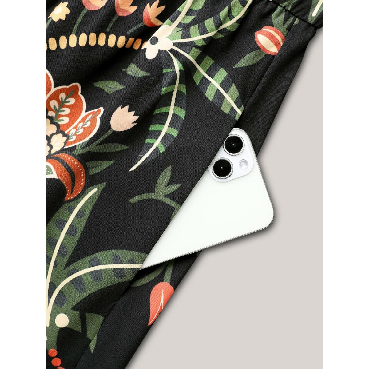 Plus Size Floral Print Notched Collar Elastic Waist Dress Black Women Resort Elastic cuffs Flat collar with V-notch Long Sleeve Curvy BloomChic 10/M Product Image