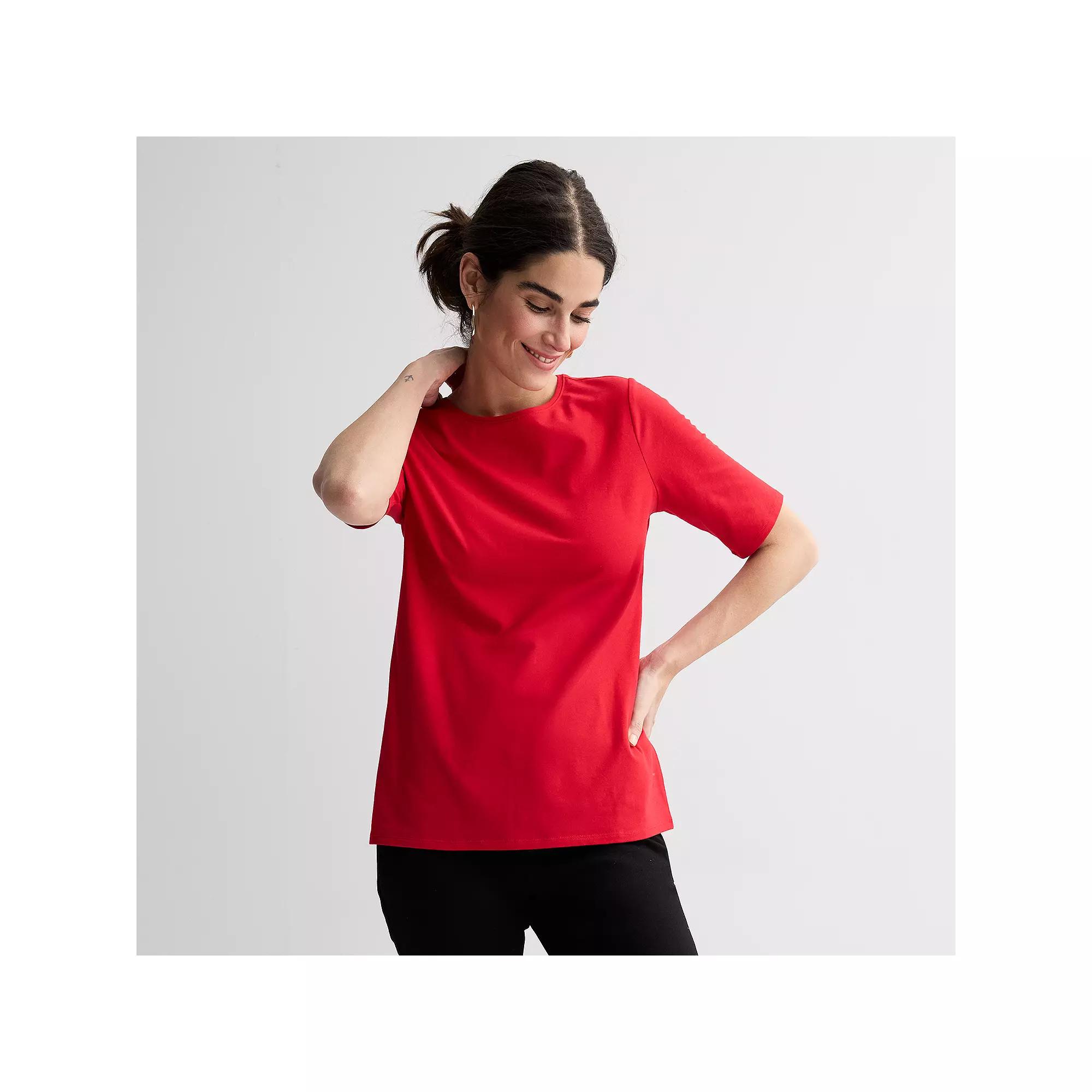 Women's Croft & Barrow® Elbow Sleeve Printed Basic Tee, Size: Medium, Chicago Red Product Image