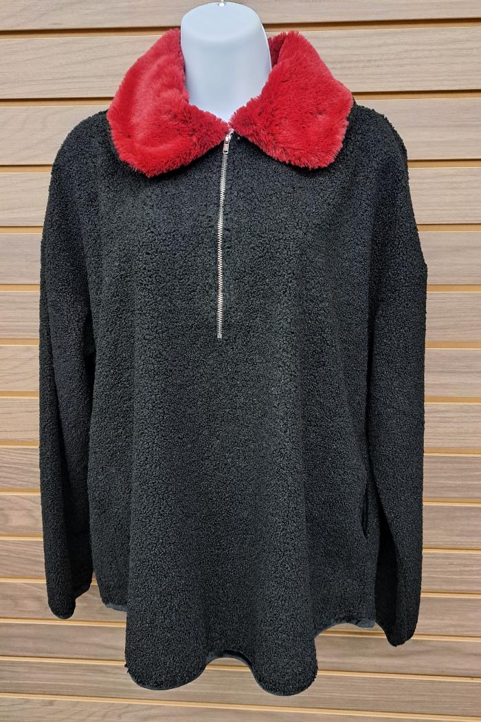 Half zip sweater jacket black Red collar Product Image