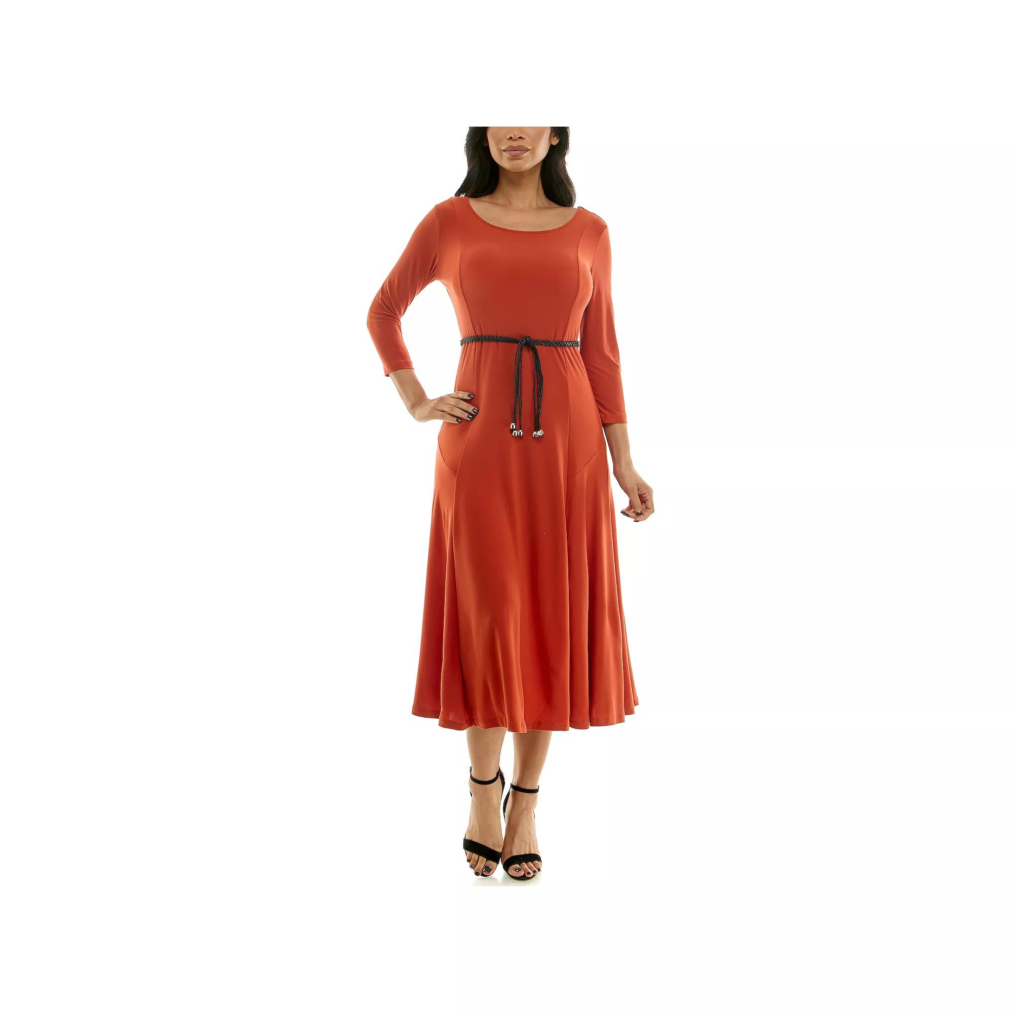 Women's Nina Leonard Sylvia Three-Quarter Sleeve Belted Midi Dress,  Product Image