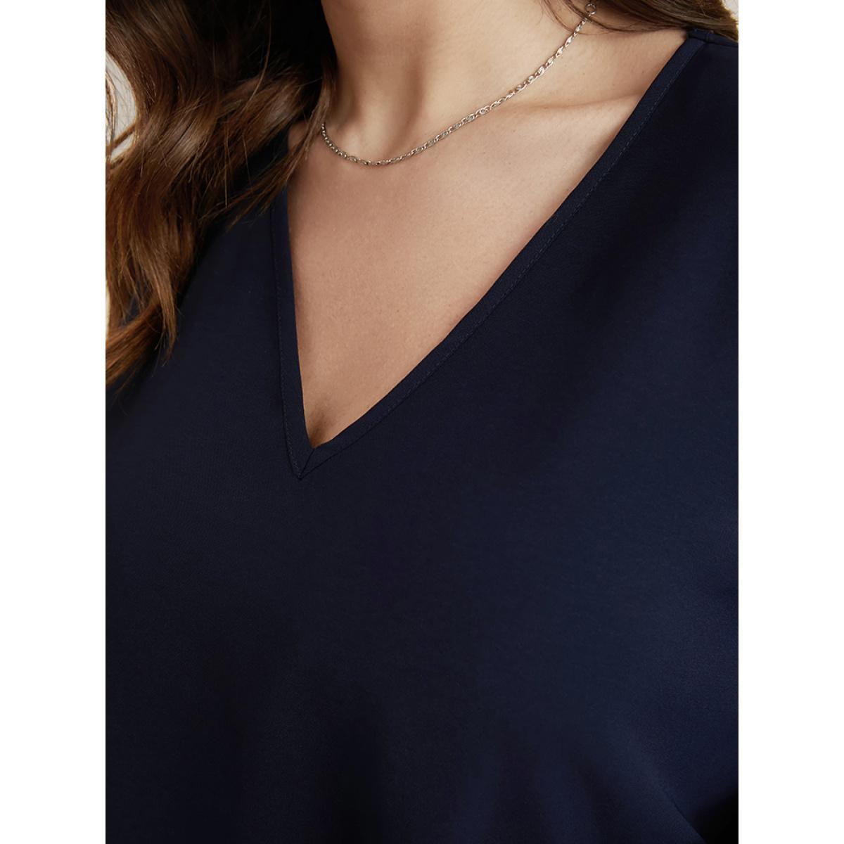 Plus Size DarkBlue Solid V Neck High Low Hem Blouse Women Office Long Sleeve V-neck Work Blouses BloomChic 30/6X Product Image