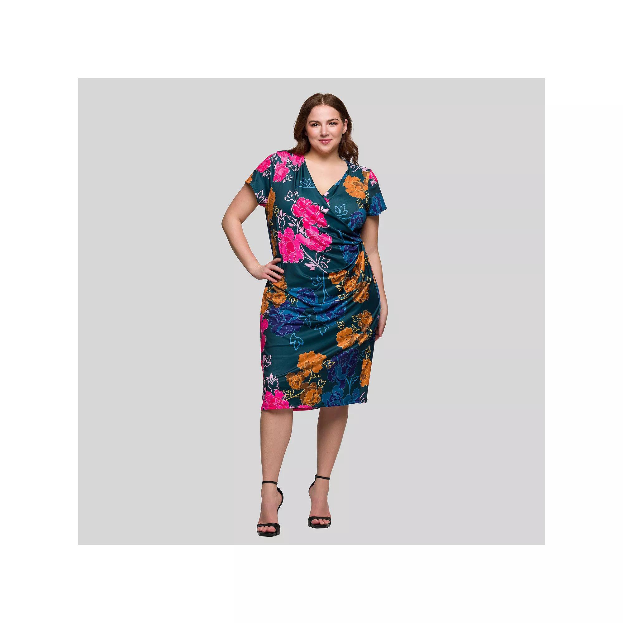 Plus Size 24Seven Comfort Apparel Knee Length Short Sleeve Faux Wrap Dress, Women's, Size: 3XL, Green Team Product Image