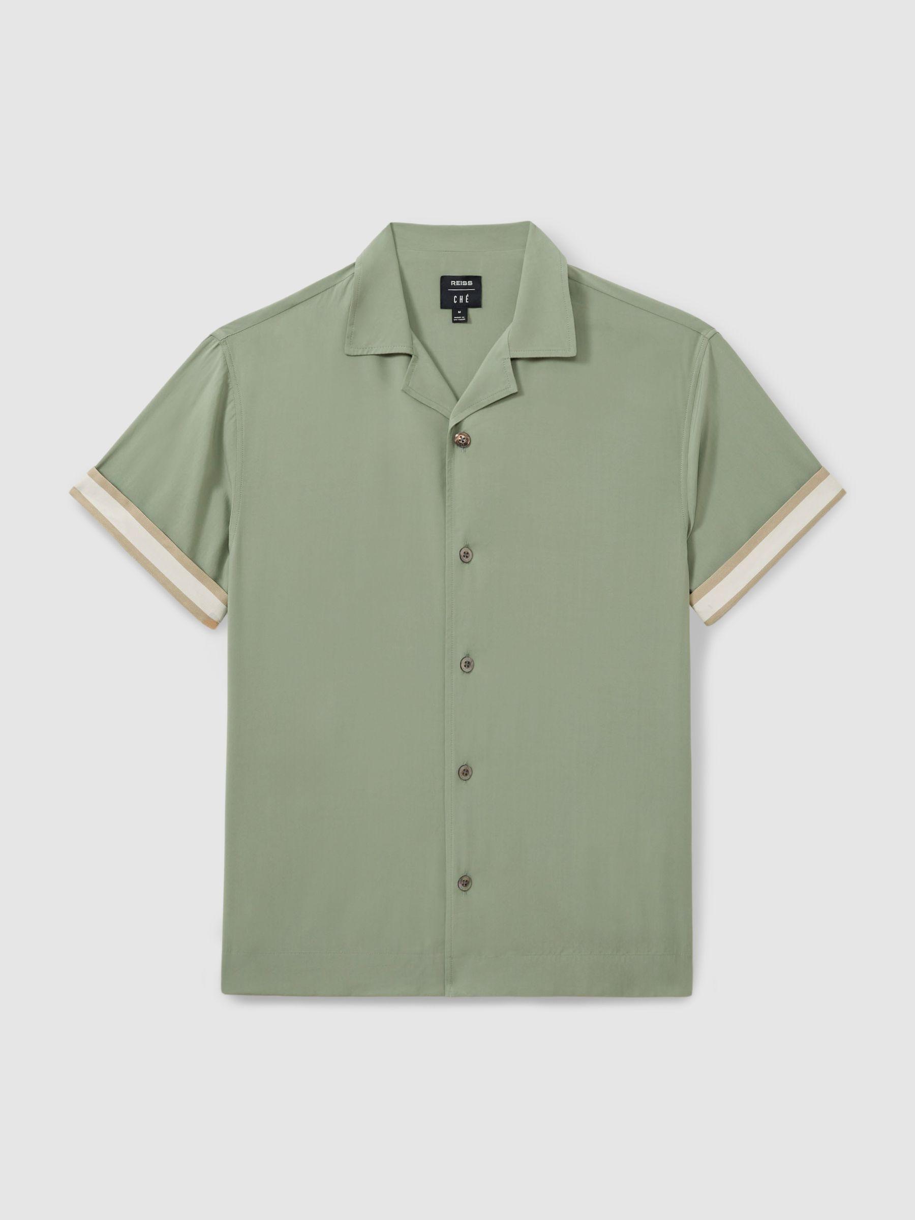Reiss | Ché Cuff Detail Cuban Collar Shirt in Sage Green Product Image