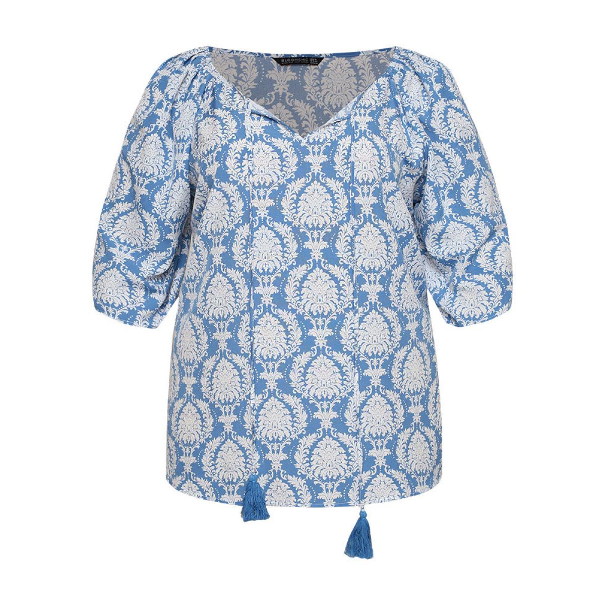 Plus Size Multicolor Boho Print Knot Neck Tassels Puff Sleeve Blouse Women Vacation Elbow-length sleeve Round Neck Dailywear Blouses BloomChic 10/M Product Image