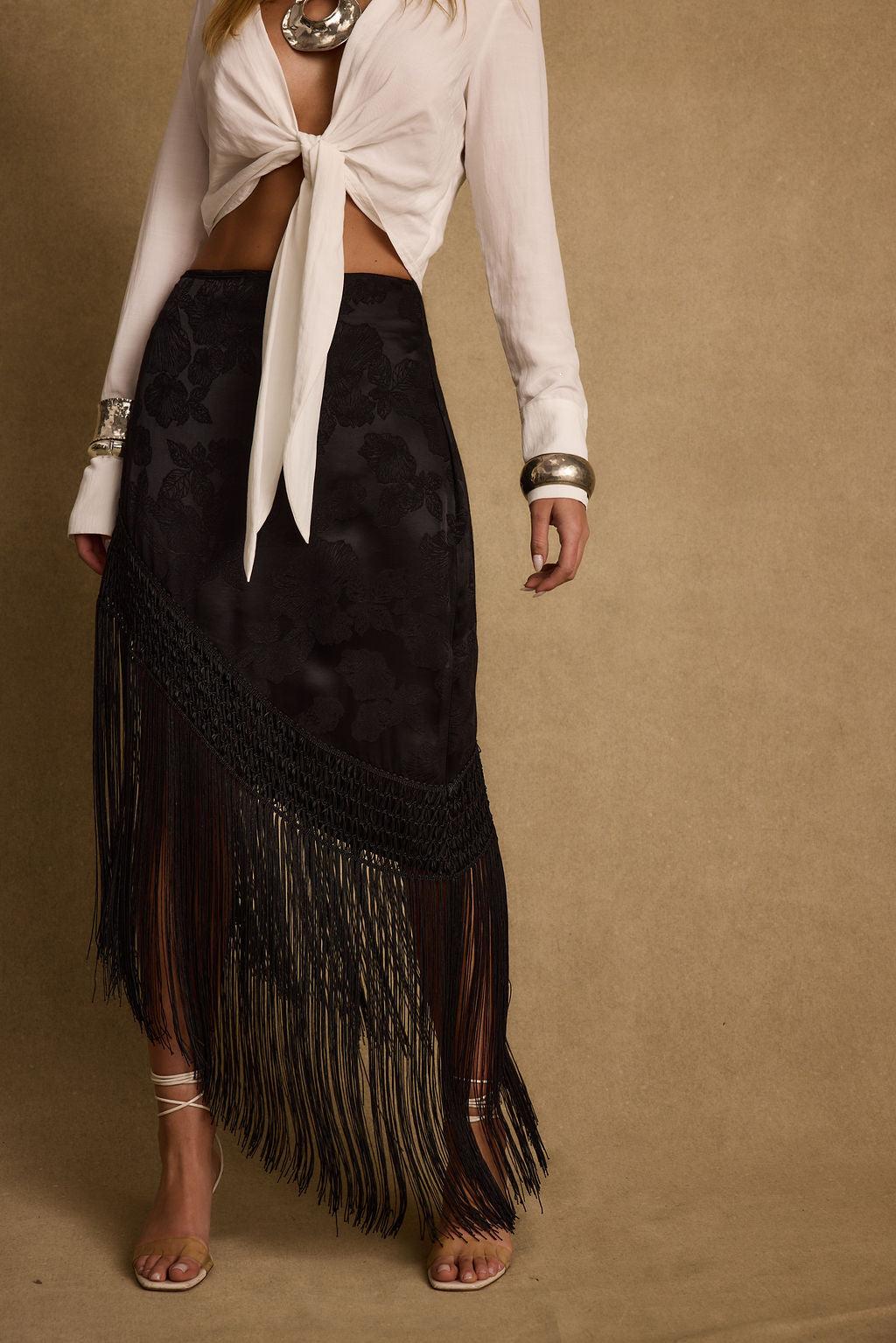 Frankie Black Satin Jacquard Fringe Midi Skirt Product Image