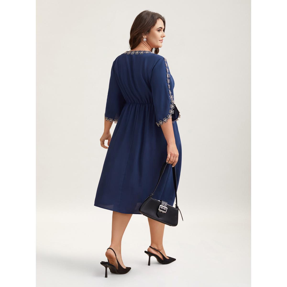 Plus Size Lace Detail Trumpet Sleeve Midi Dress DarkBlue Women Office Overlapping Boat Neck Elbow-length sleeve Curvy BloomChic 28/5X Product Image