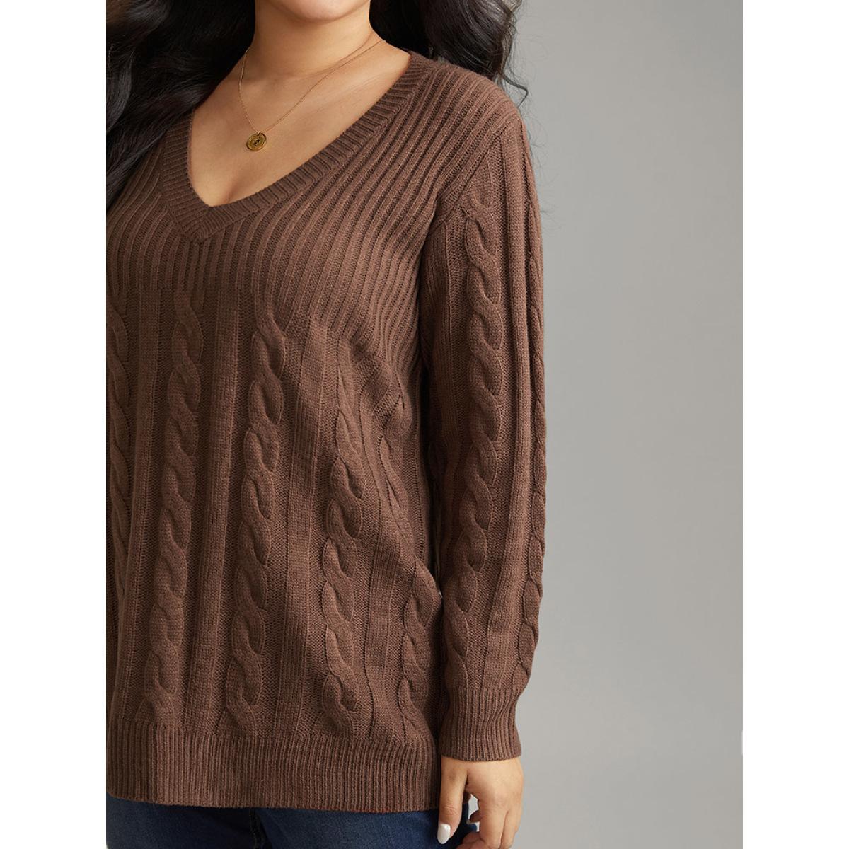 Plus Size Cable Knit Patchwork Plisse V Neck Pullover DarkBrown Women Casual Loose Long Sleeve V-neck Dailywear Pullovers BloomChic 10/M Product Image