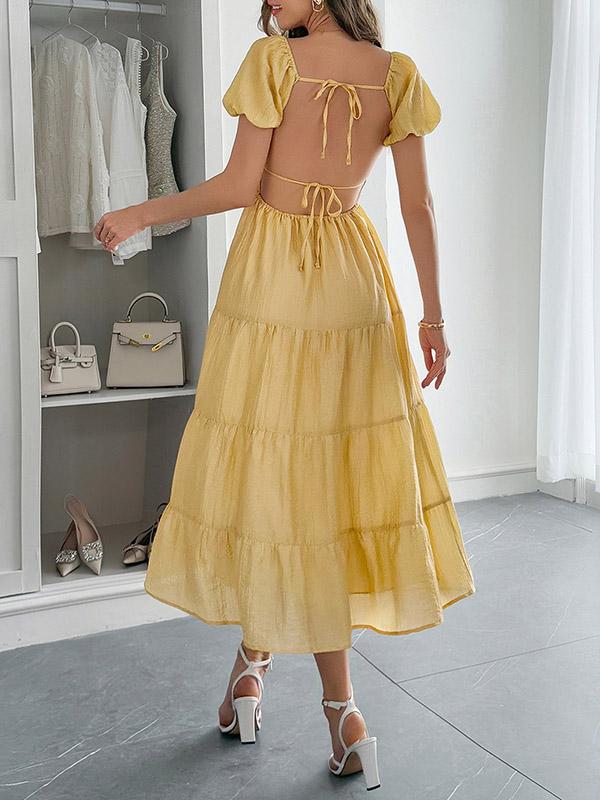 A-Line Loose Backless Pleated Solid Color Tied V-Neck Midi Dresses Product Image