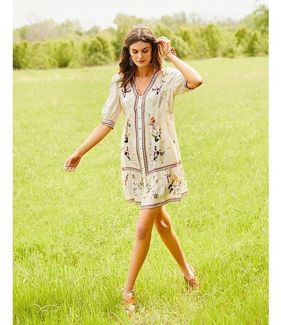 JOHNNY WAS Loren Floral Border Print Silk-Blend V-Neck Elbow Sleeve A-Line Dress Product Image