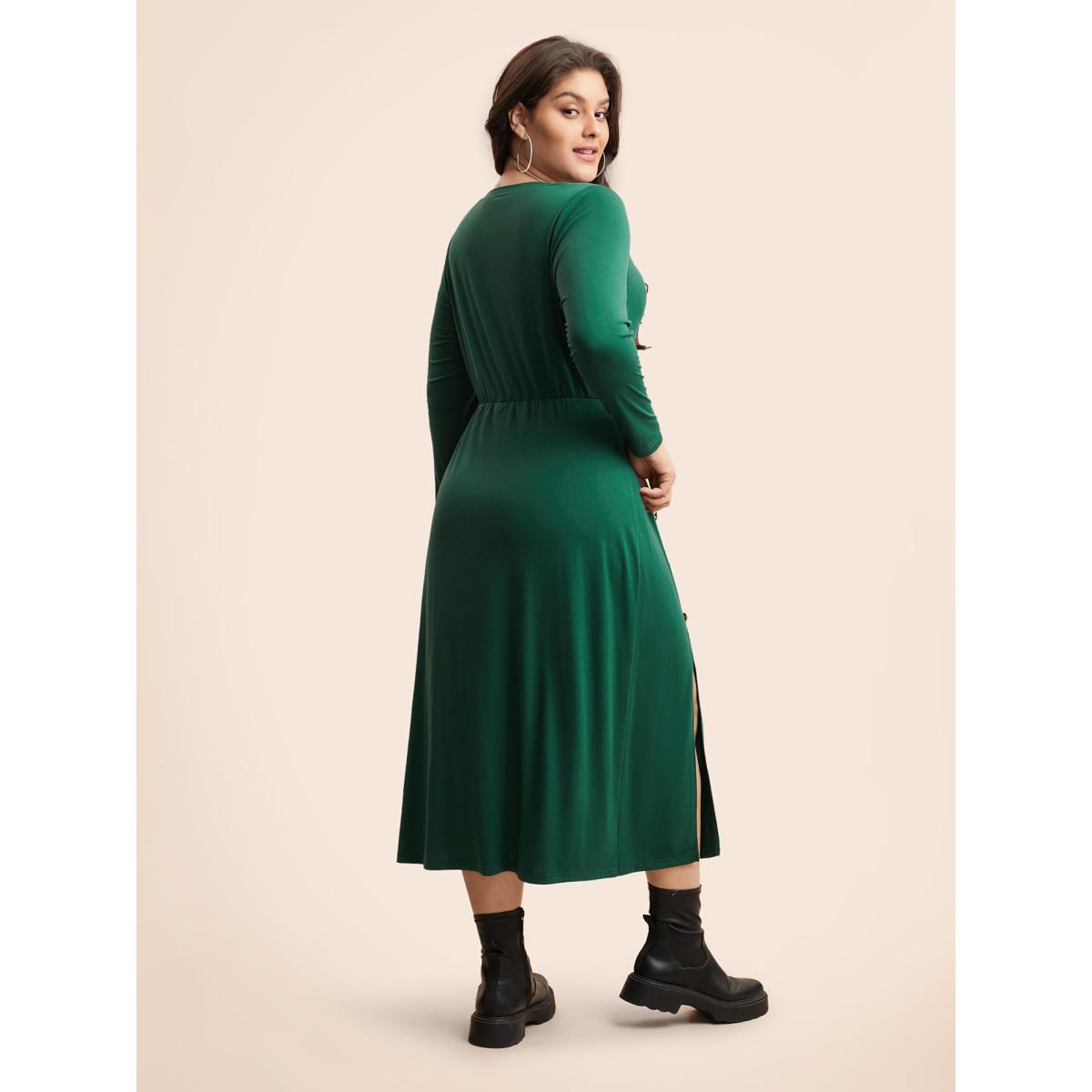 Plus Size Plain Button Detail Split Hem Dress DarkGreen Women Casual Gathered Round Neck Long Sleeve Curvy BloomChic 26/4X Product Image