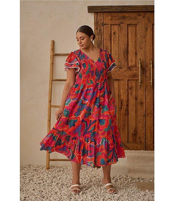 Sugarlips Plus Kahlia Tropical Printed Flutter Sleeve Tiered Midi Dress Product Image
