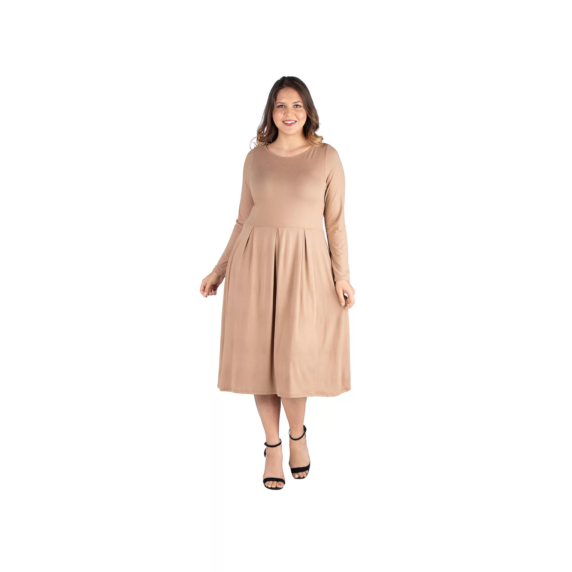 Plus Size 24seven Comfort Apparel Long Sleeve Fit and Flare Midi Dress, Women's, Size: 2XL, Beige Khaki Product Image