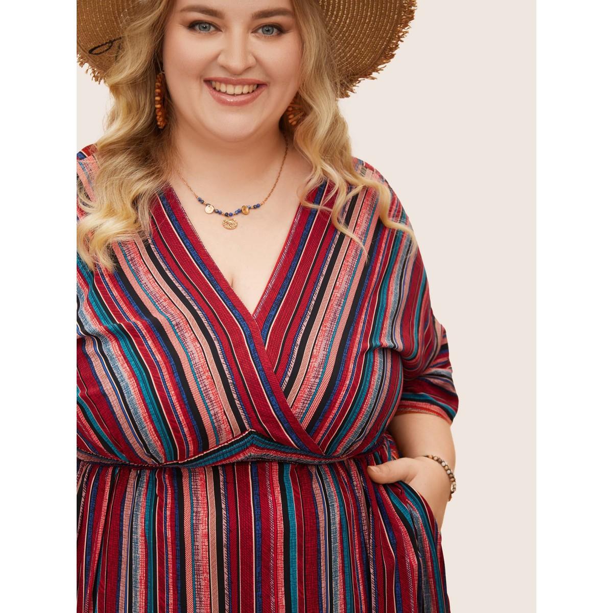 Plus Size Striped Contrast Dolman Sleeve Shirred Pocket Split Flutter Dress Red Women Boho Non V-neck Half Sleeve Curvy BloomChic 18-20/2X Product Image