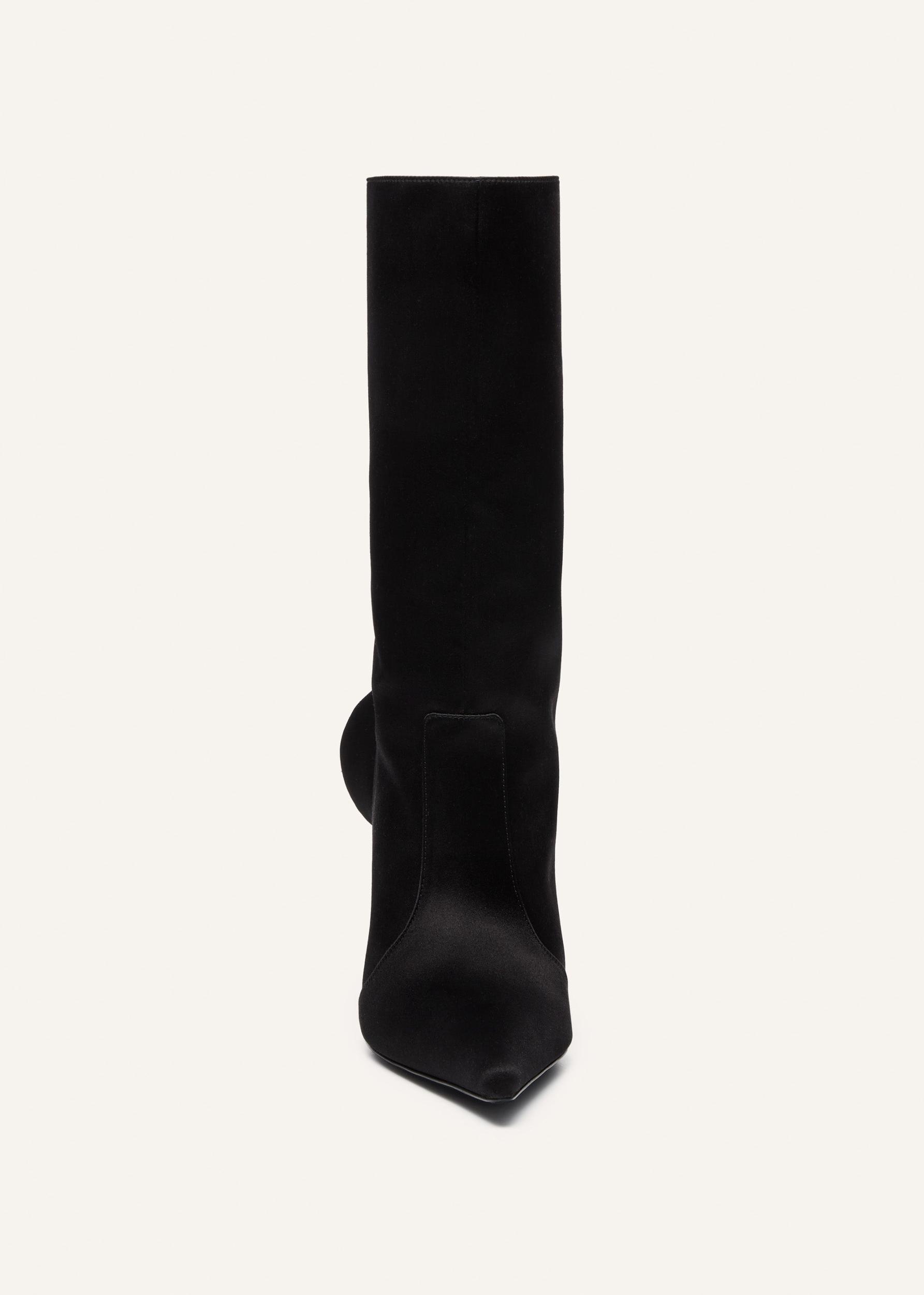 Sharp pointed calf boots in black satin Product Image