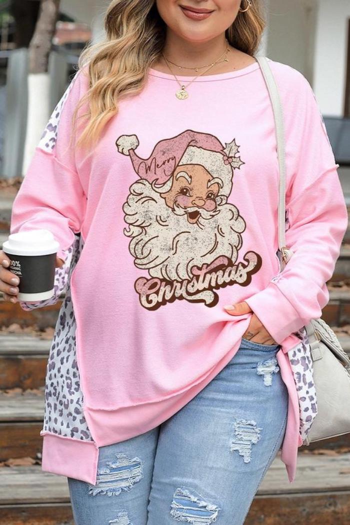 Plus Christmas Santa Claus Leopard Patch Plus Size Sweatshirt Product Image