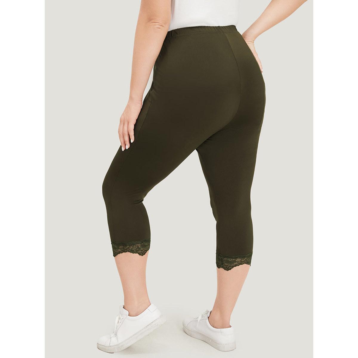 Plus Size Plain Lace Patchwork High Rise Leggings Women ArmyGreen Casual High stretch Skinny High Rise Dailywear Leggings BloomChic 30/6X Product Image