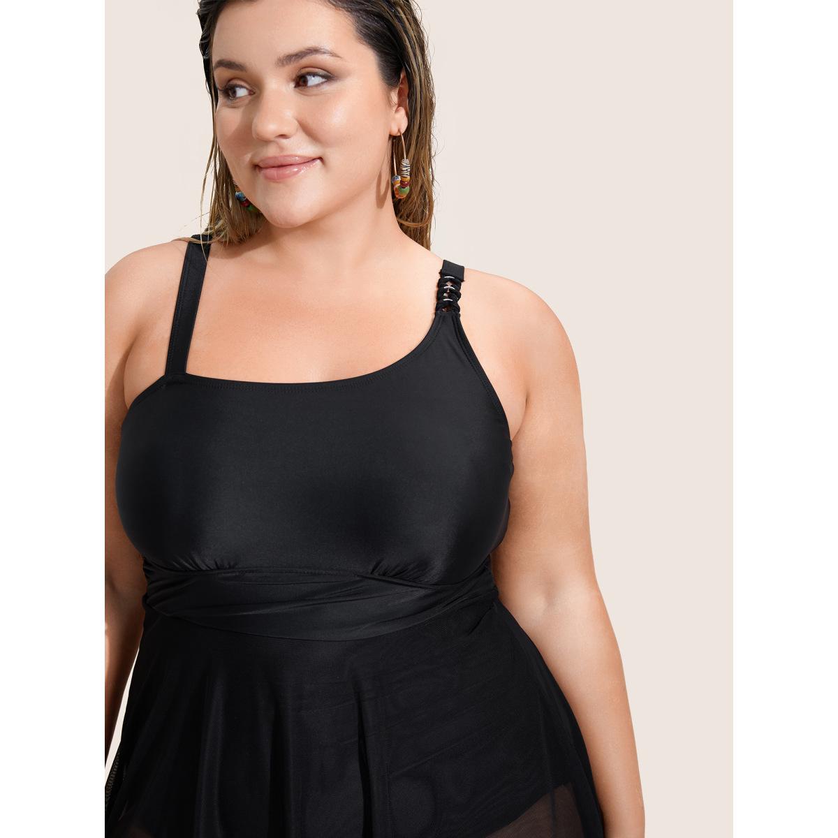 Plus Size Asymmetrical Neck Mesh Patchwork Swim Dress Women's Swimwear Black Beach Bodycon Asymmetrical Neck High stretch Curve Swim Dresses BloomChic 30/6X Product Image