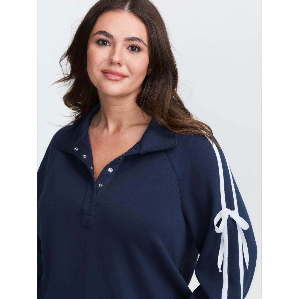 Plus Size Supersoft Ribbon Detail Contrast Sweatshirt Women Navy Leisure Woven ribbon&lace trim Turtleneck Casual Sweatshirts BloomChic 28/5X Product Image