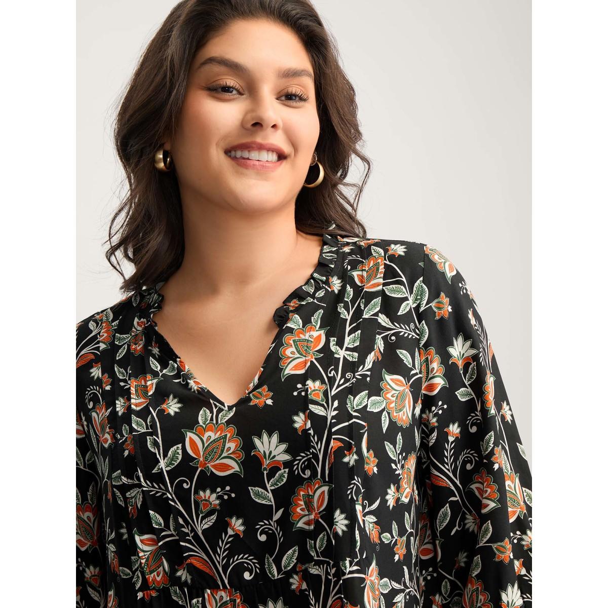 Plus Size Multicolor Floral Toothpick Pleats Flowy Blouse Women Elbow-length sleeve Notched collar Vacation Blouses BloomChic 26/4X Product Image