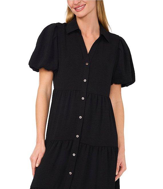 CeCe Gauze Point Collar Short Puff Sleeve Button Front Tiered Midi Shirt Dress Product Image