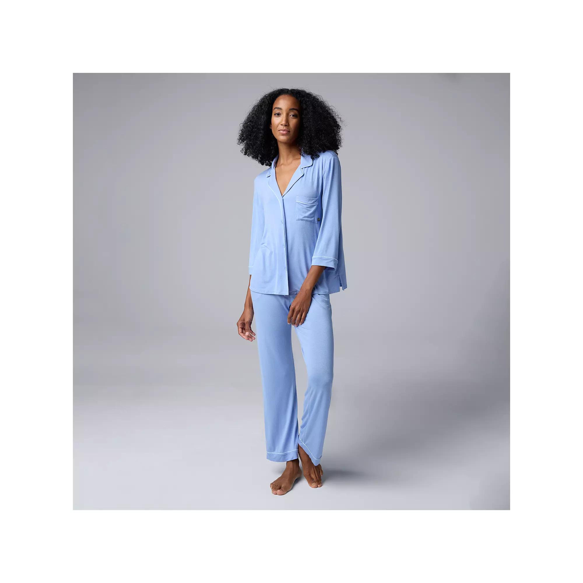 Women's Simply Vera Vera Wang Basic Luxury ¾ Sleeve Pajama Shirt & Pants Sleep Set,  Product Image