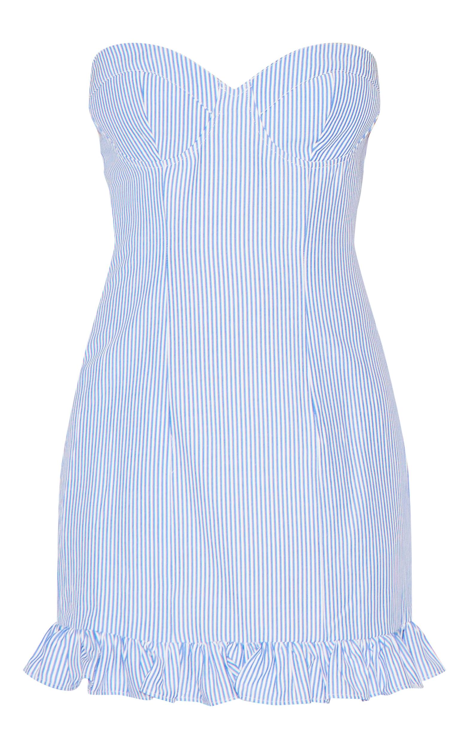 Blue Pinstripe Bandeau Frill Hem Shift Dress Product Image