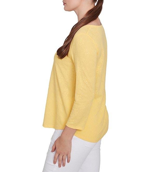 Ruby Rd. Petite Size Solid Paisley Floral Textured Knit Double Bar Detail Top Product Image